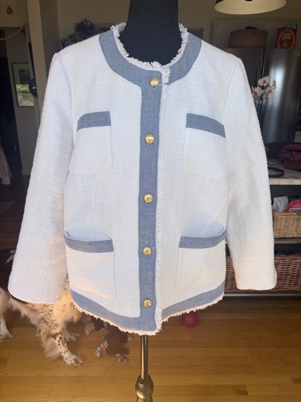 Talbots White Bouclé Jacket with Light Blue Trim